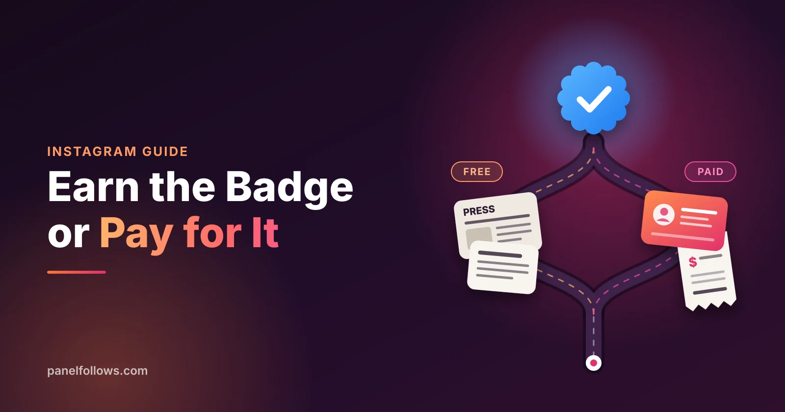 Two paths leading to an Instagram blue check badge, one labeled press coverage and one labeled monthly subscription with ID check