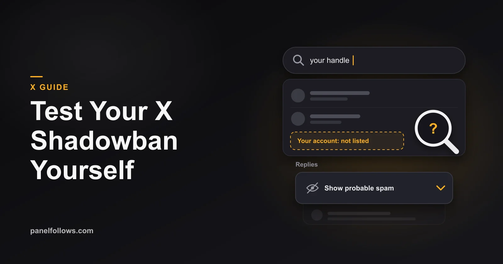 Phone screen showing an X search for from:handle with missing posts beside a collapsed Show probable spam reply section